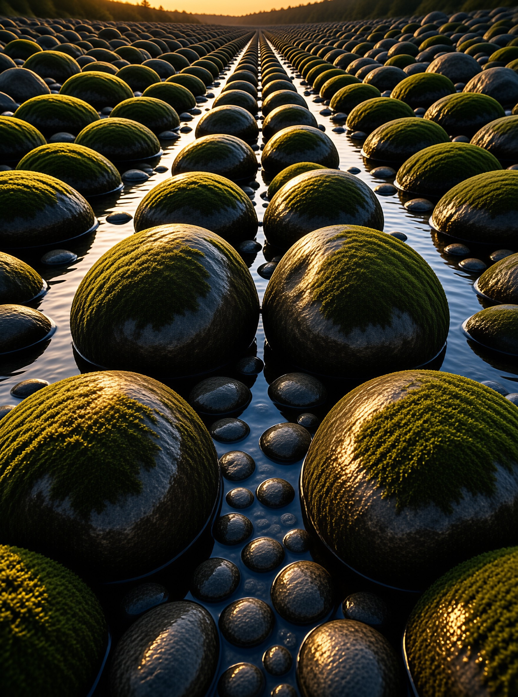 Mossy Sphere Rows at Dusk