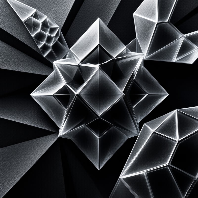 Transparent angular polyhedron crystal shapes sit against a dark radiating fan background, lit to highlight their sharp faceted edges