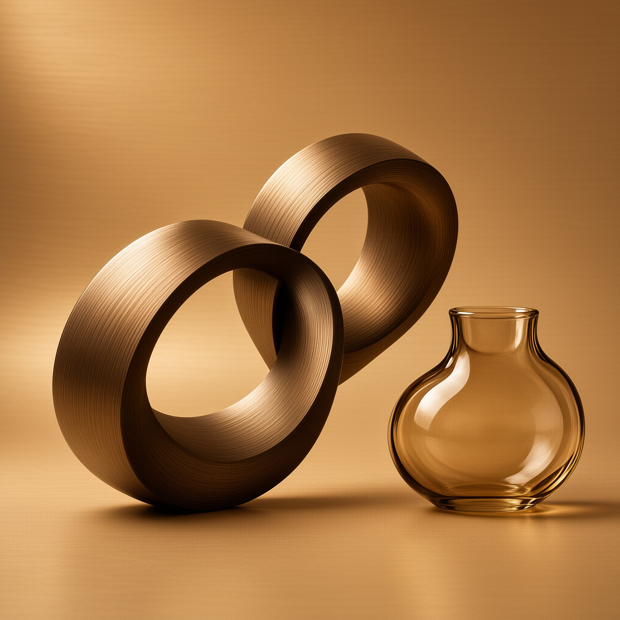 Two textured bronze interlocking rings sit beside a smooth amber glass vase against a soft warm tan studio backdrop.