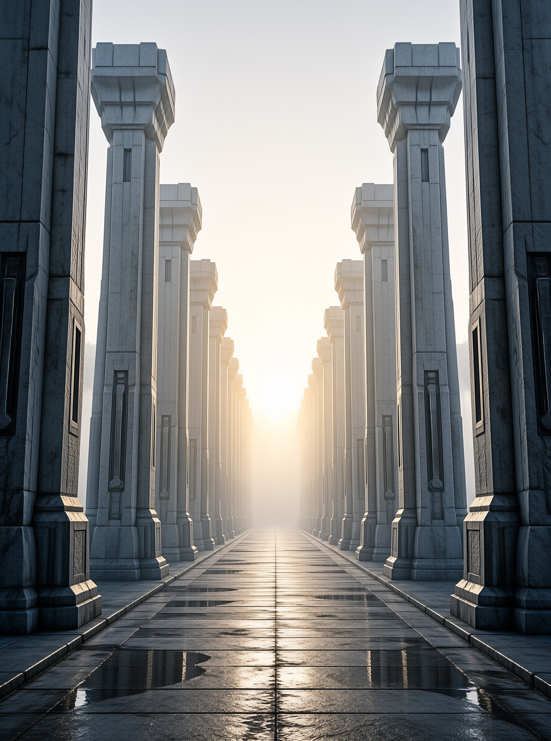 Tall grey stone columns line a wet walkway leading toward a bright sunlit horizon shrouded in mist.