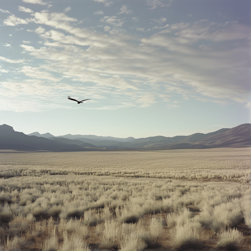A dark bird flies across a blue sky dotted with clouds above a wide expanse of dry grass and distant mountains.