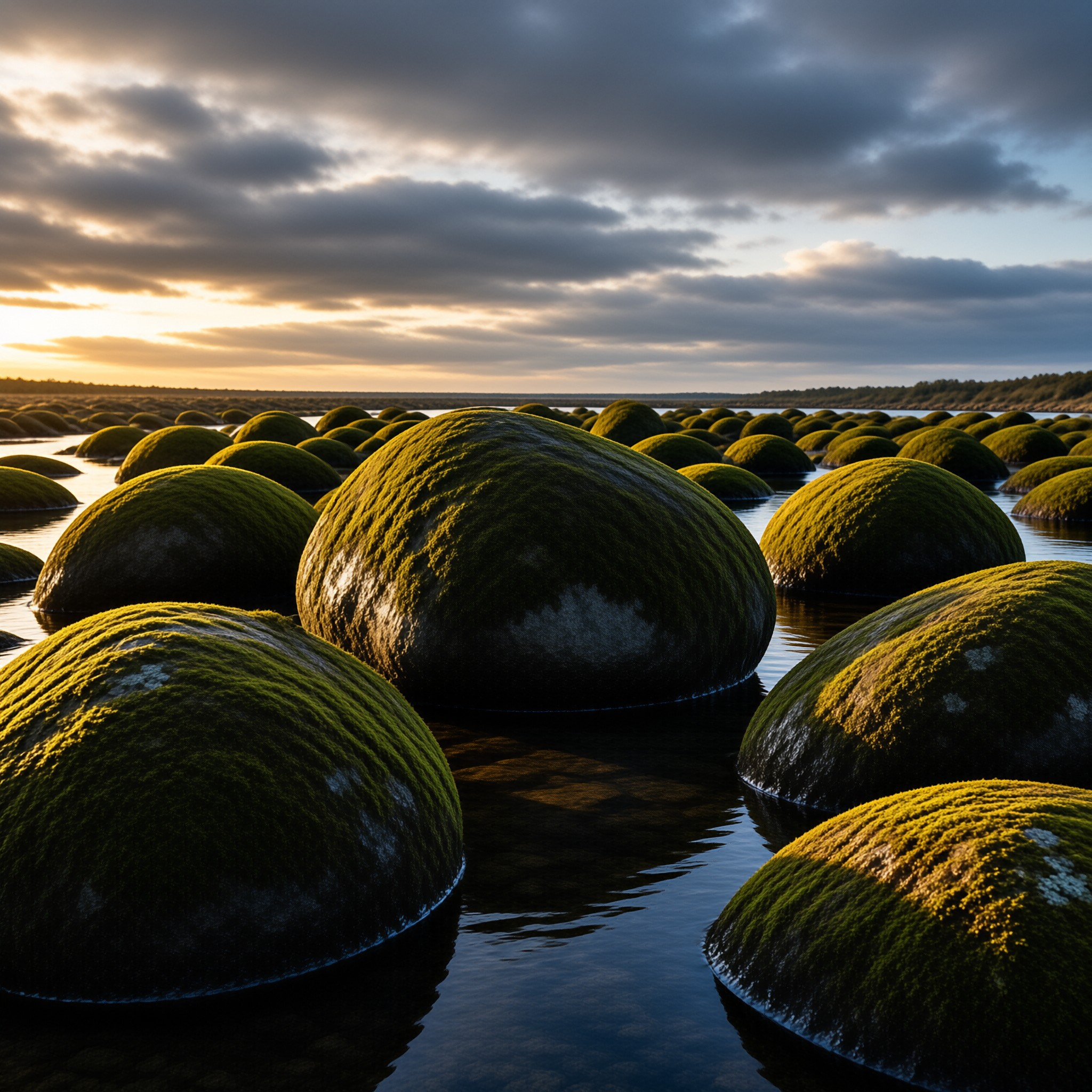 Dozens of round stones draped in vivid green moss sit half submerged in still water at golden sunset