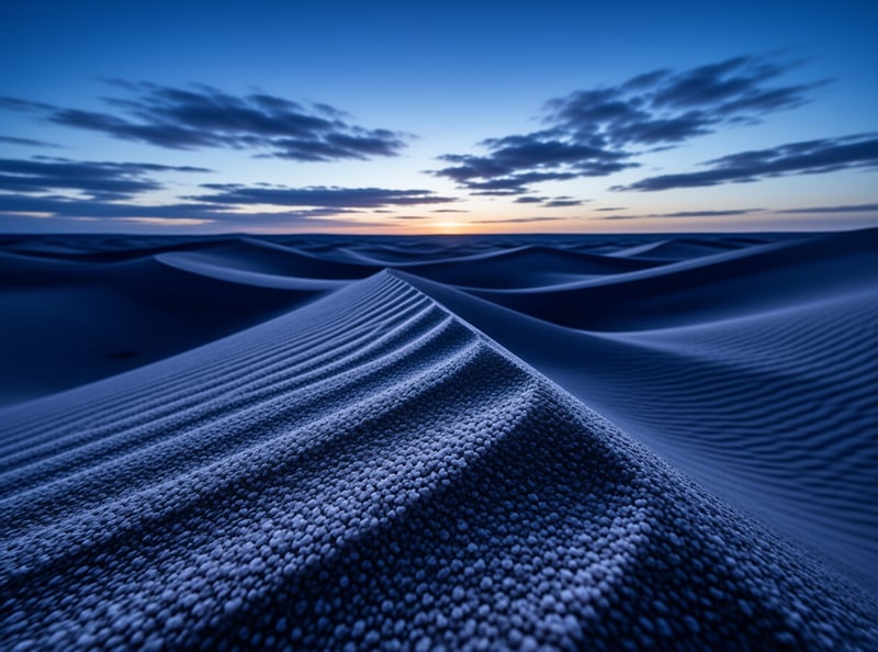 Rippled blue sand dunes curve across a desert landscape under a twilight sky showing faint orange light on the horizon.