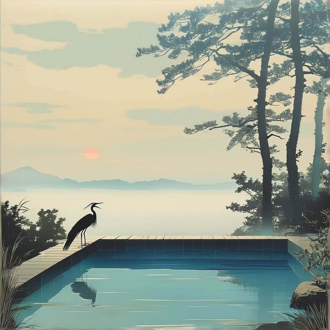 A heron silhouette calls from a still pool edged by pine branches under a red sun over misty mountains.