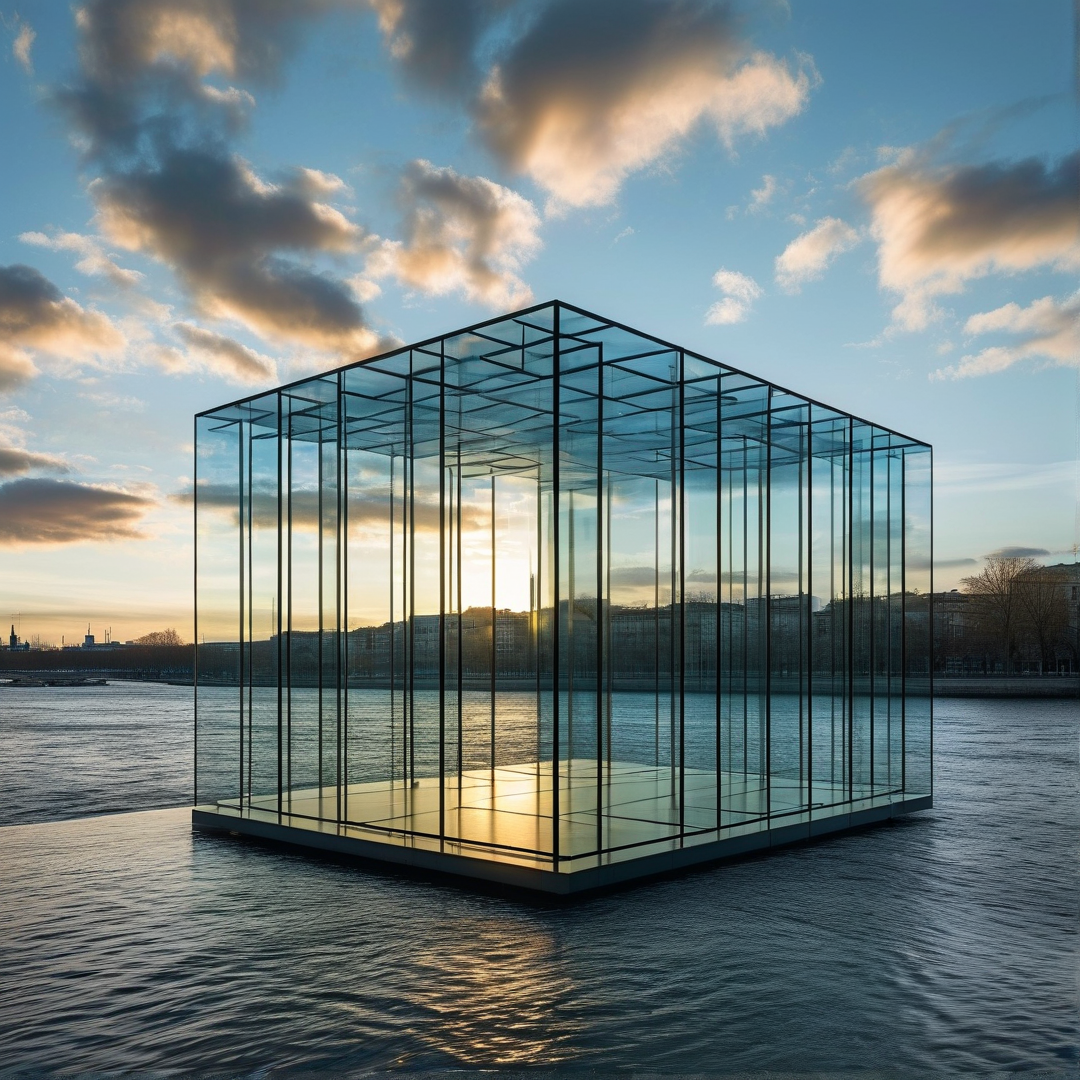 Glass Cube on Water at Sunset