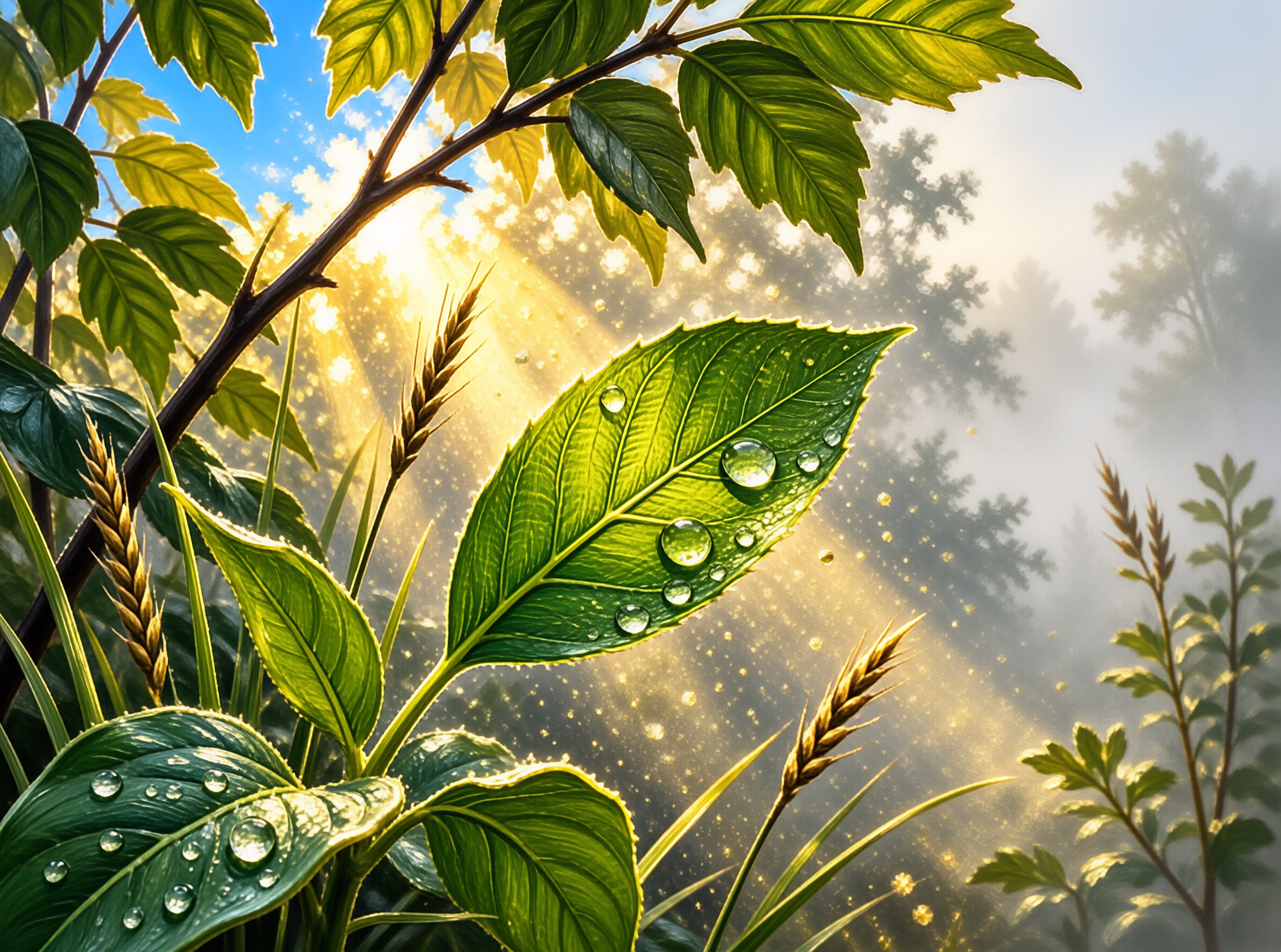 Beaded water droplets cling to a broad green leaf while golden sunlight streams through mist and grain heads behind it.