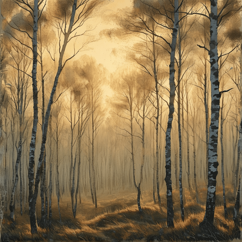 Tall birch trees stand in a foggy forest bathed in warm golden sunlight filtering through the canopy.