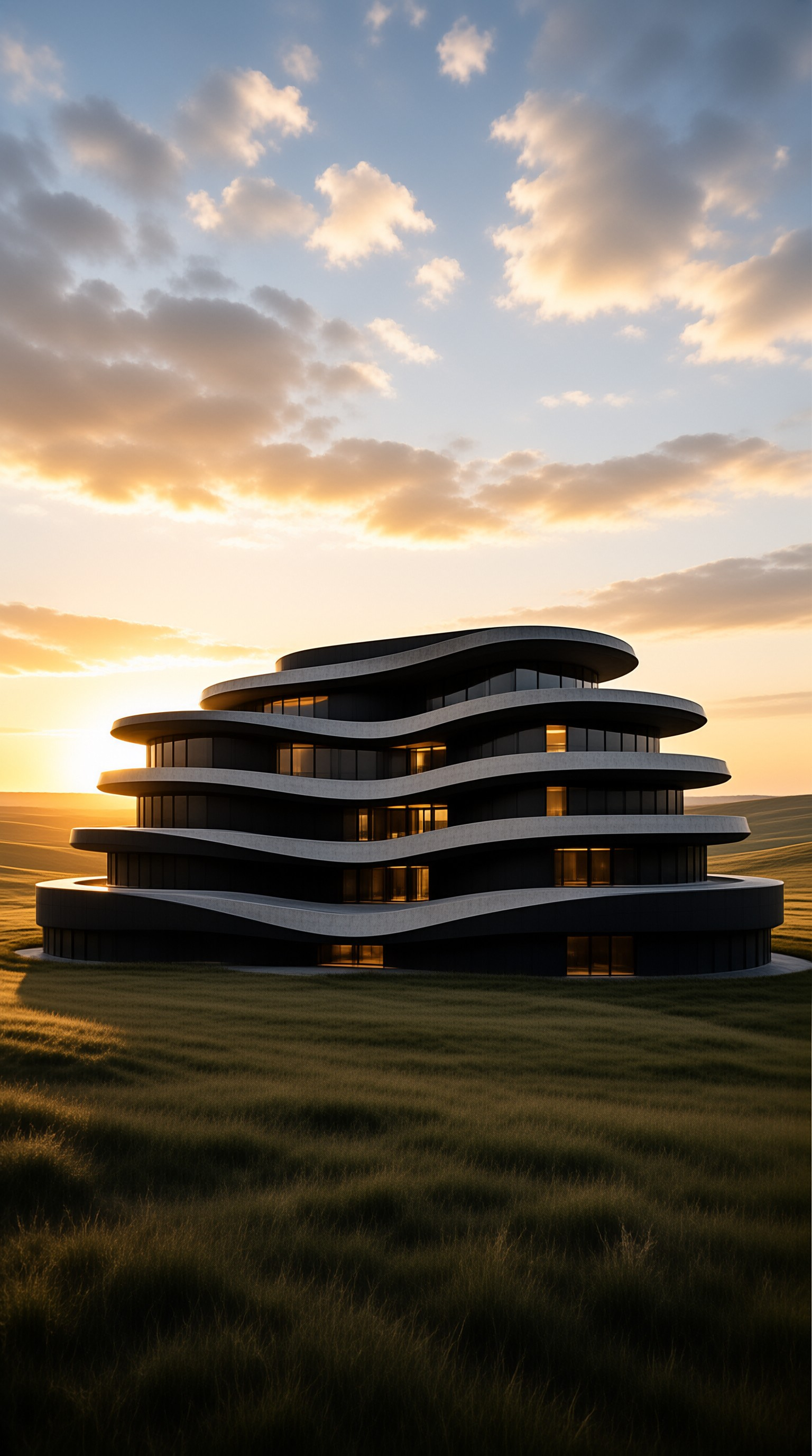 A modern curvilinear building with glowing windows sits in a grassy landscape under a cloudy sky during a vibrant orange sunset.
