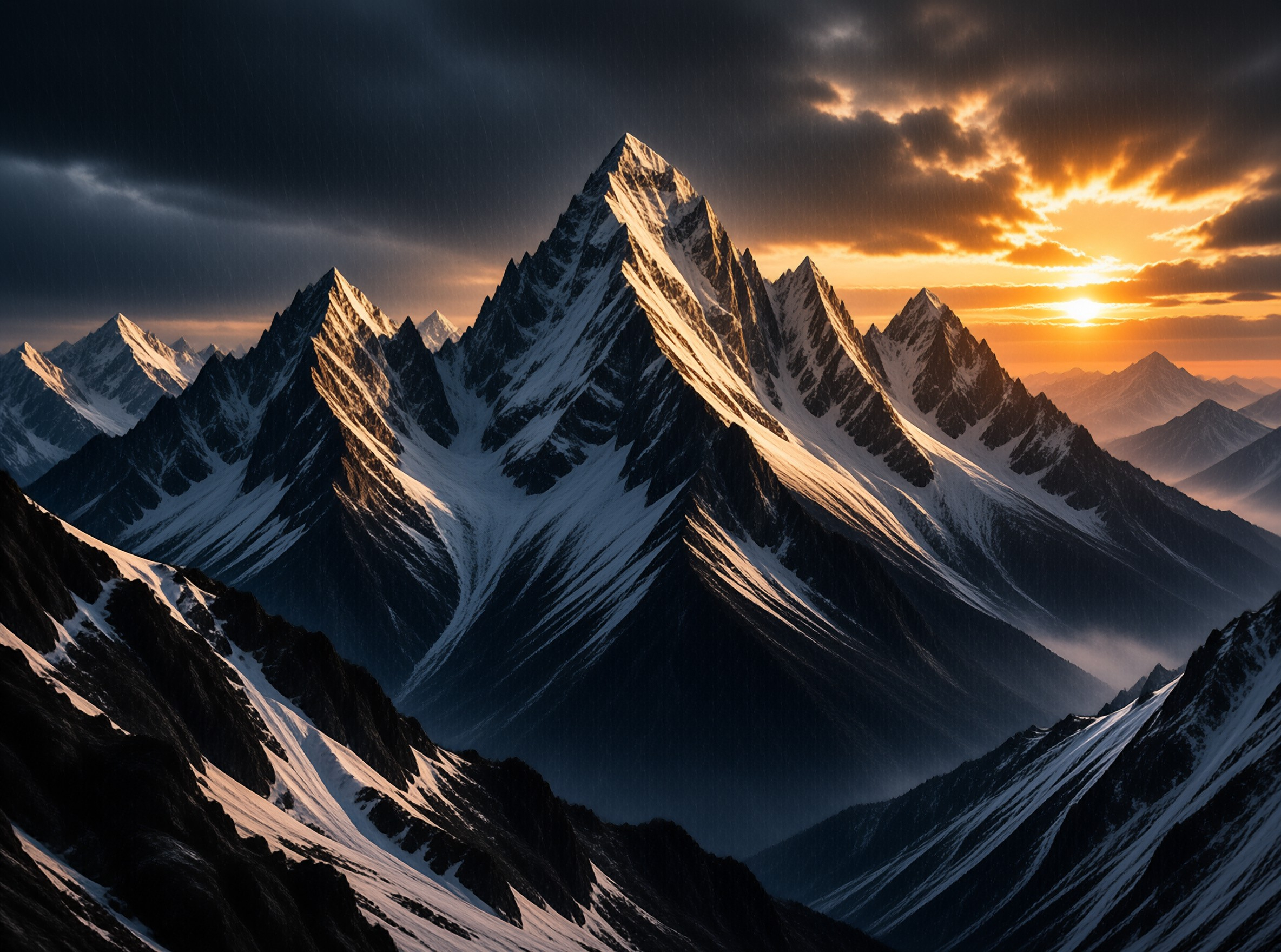 Sharp snow covered mountain peaks catch the warm light of a sunset breaking through heavy dark clouds above the valley.