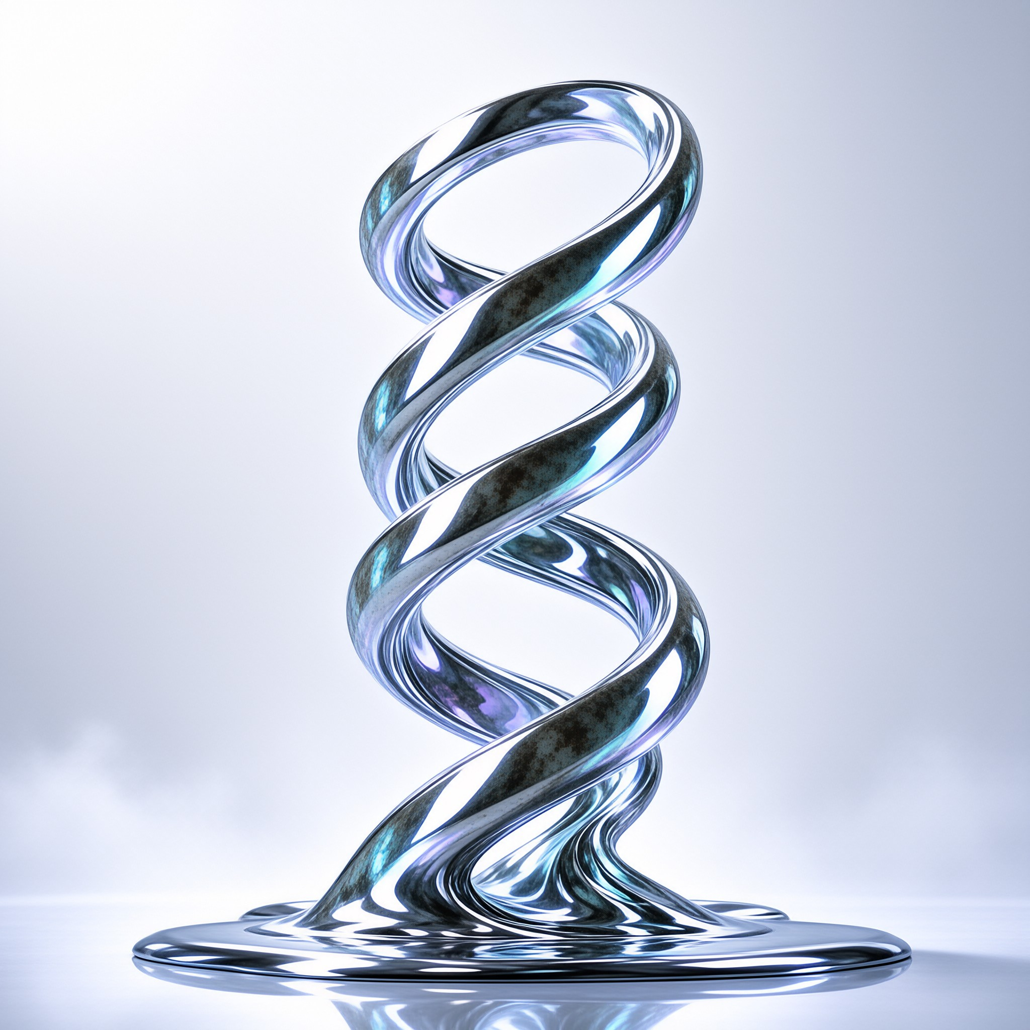 A twisted chrome spiral sculpture coils upward out of a rippling pool of liquid metal on a pale ground