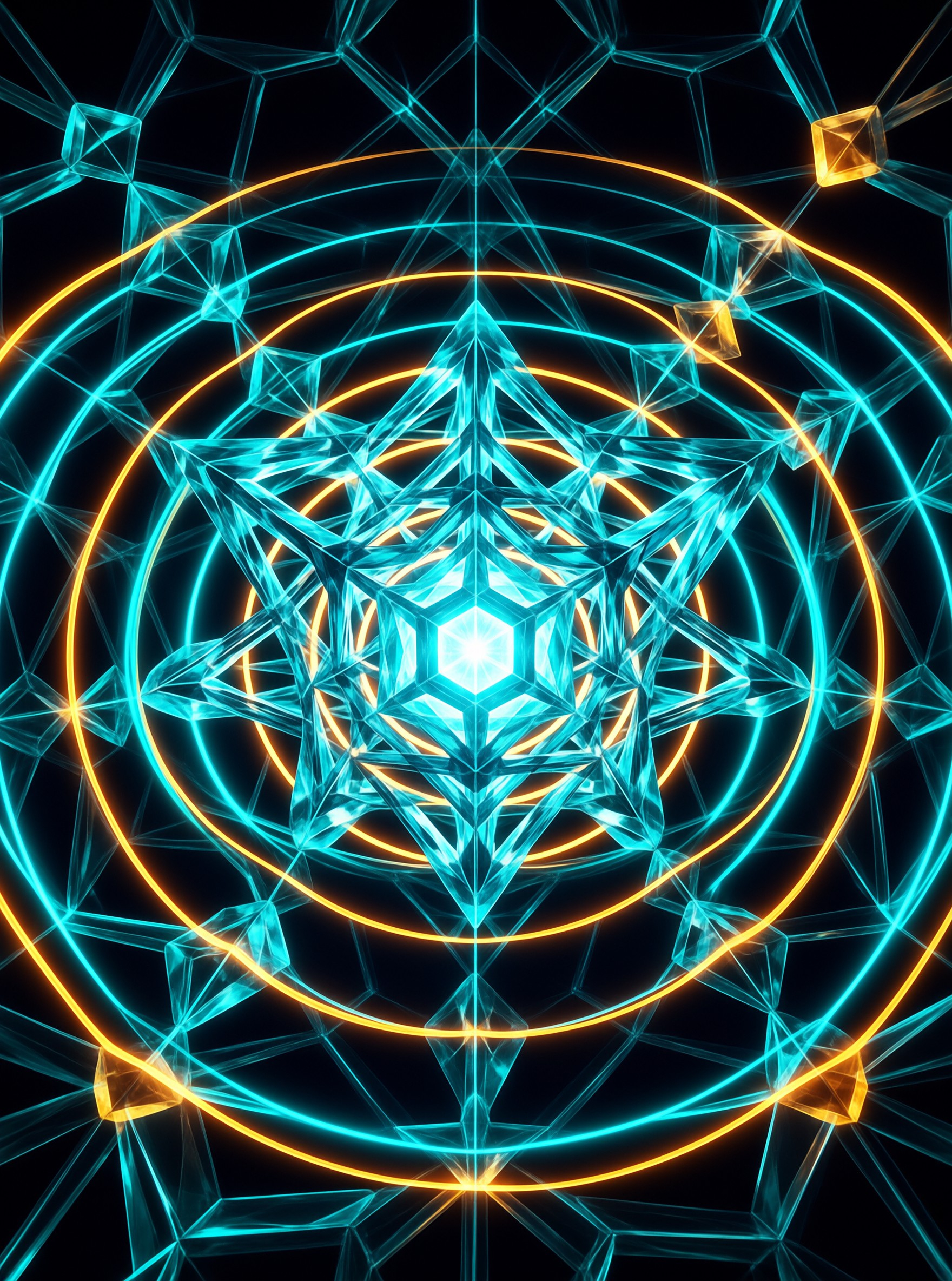 Translucent blue star geometry centered in glowing concentric rings of orange and cyan neon light against a black background.