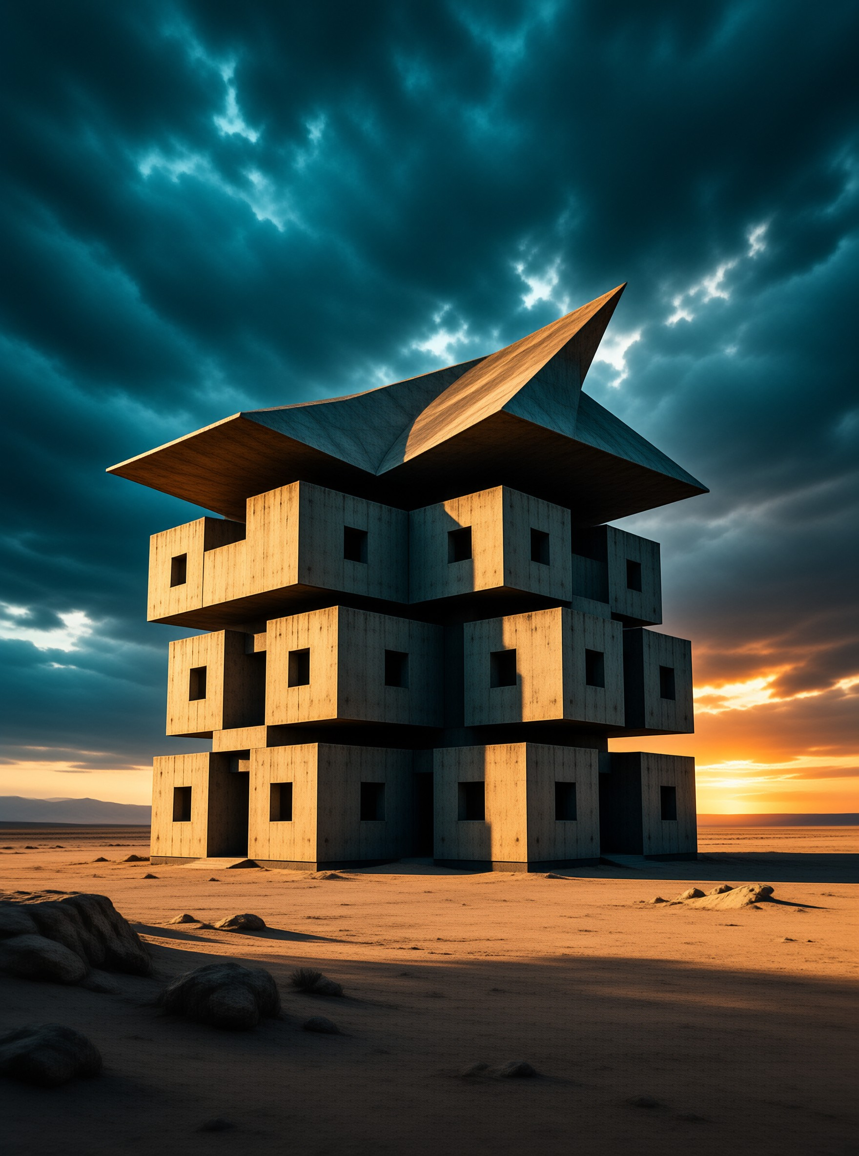 Geometric Building at Sunset