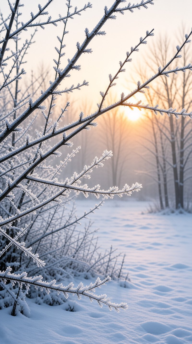 Frost dusted bare tree branches reach across the foreground over deep snow, with soft golden sunrise light glowing through distant foggy bare forest trunks.