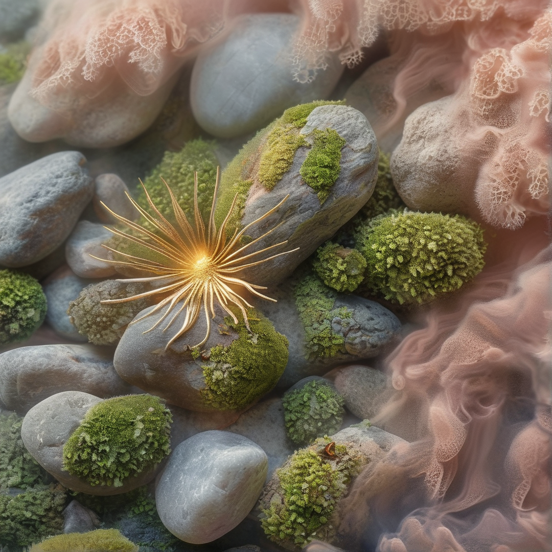 A golden metallic starfish sculpture rests on smooth pebbles covered in green moss within a misty pool.