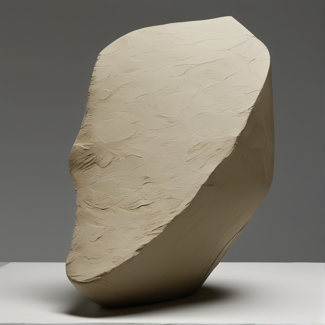 A beige sculpted block with smeared modelling marks tilts on a pale pedestal against a smooth dark grey backdrop.