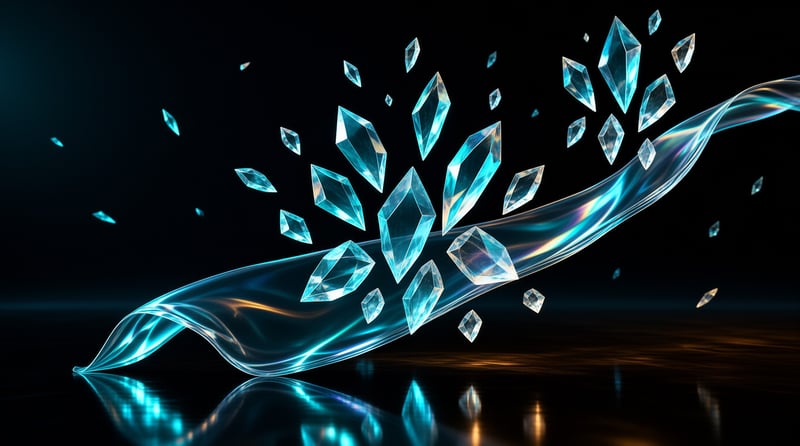 Abstract blue crystals float above a reflective surface intersected by a wavy ribbon of light.