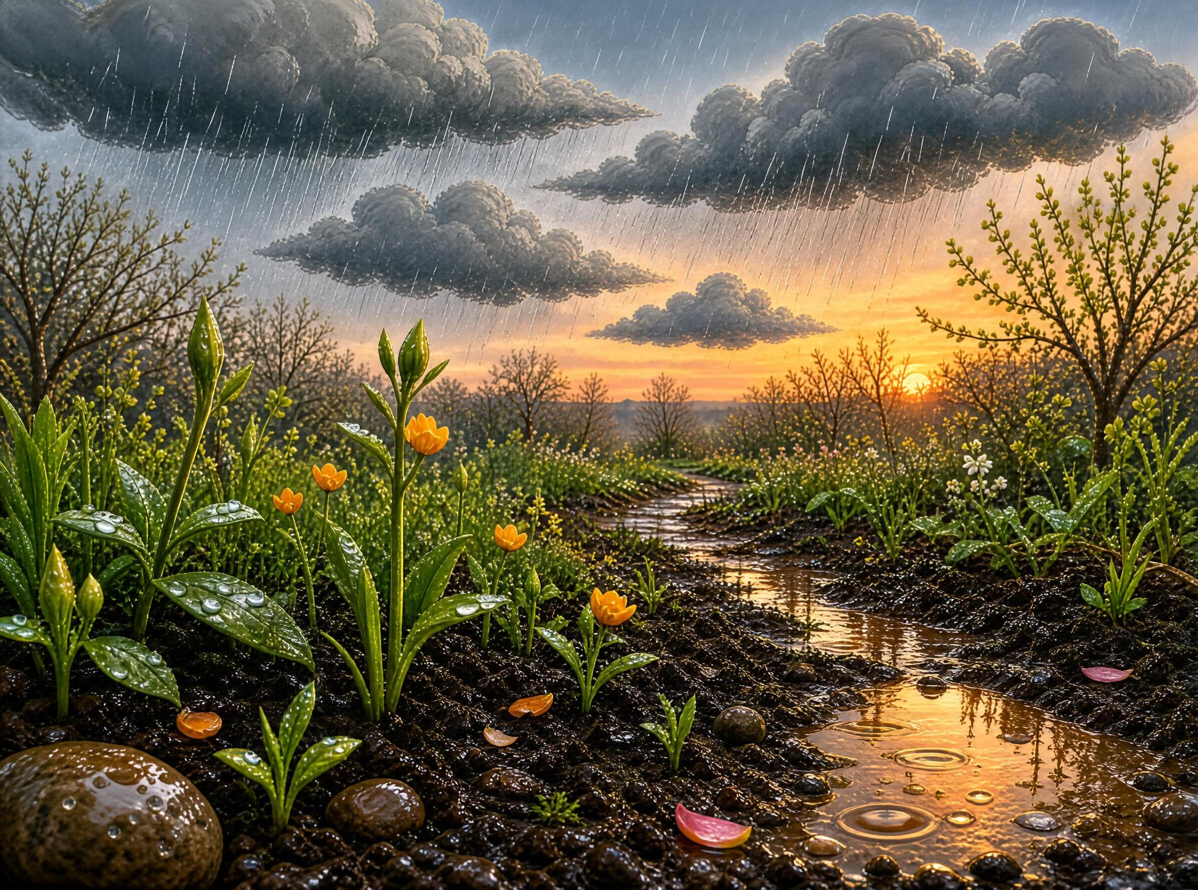 Rainy Sunset in a Lush Field