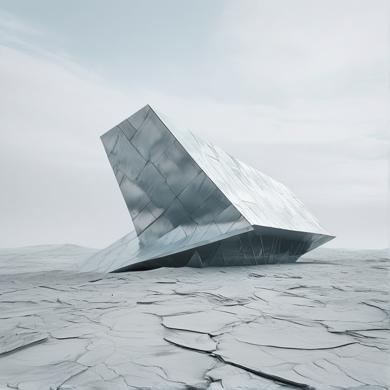 A faceted silver structure leans above pale ground split into polygonal plates, mirrored by a flat overcast sky.