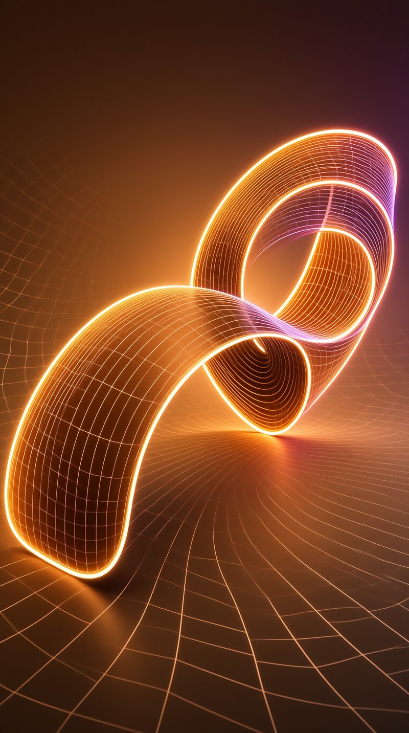 A luminous orange ribbon twists through a dark digital space above a perspective grid.
