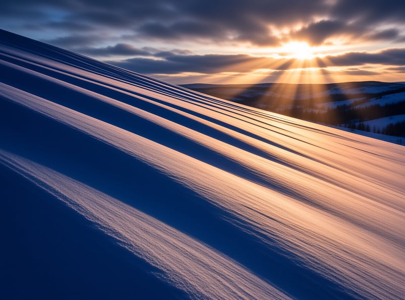 Snow covered slopes feature rippled textures with blue shadows and golden light from the setting sun.