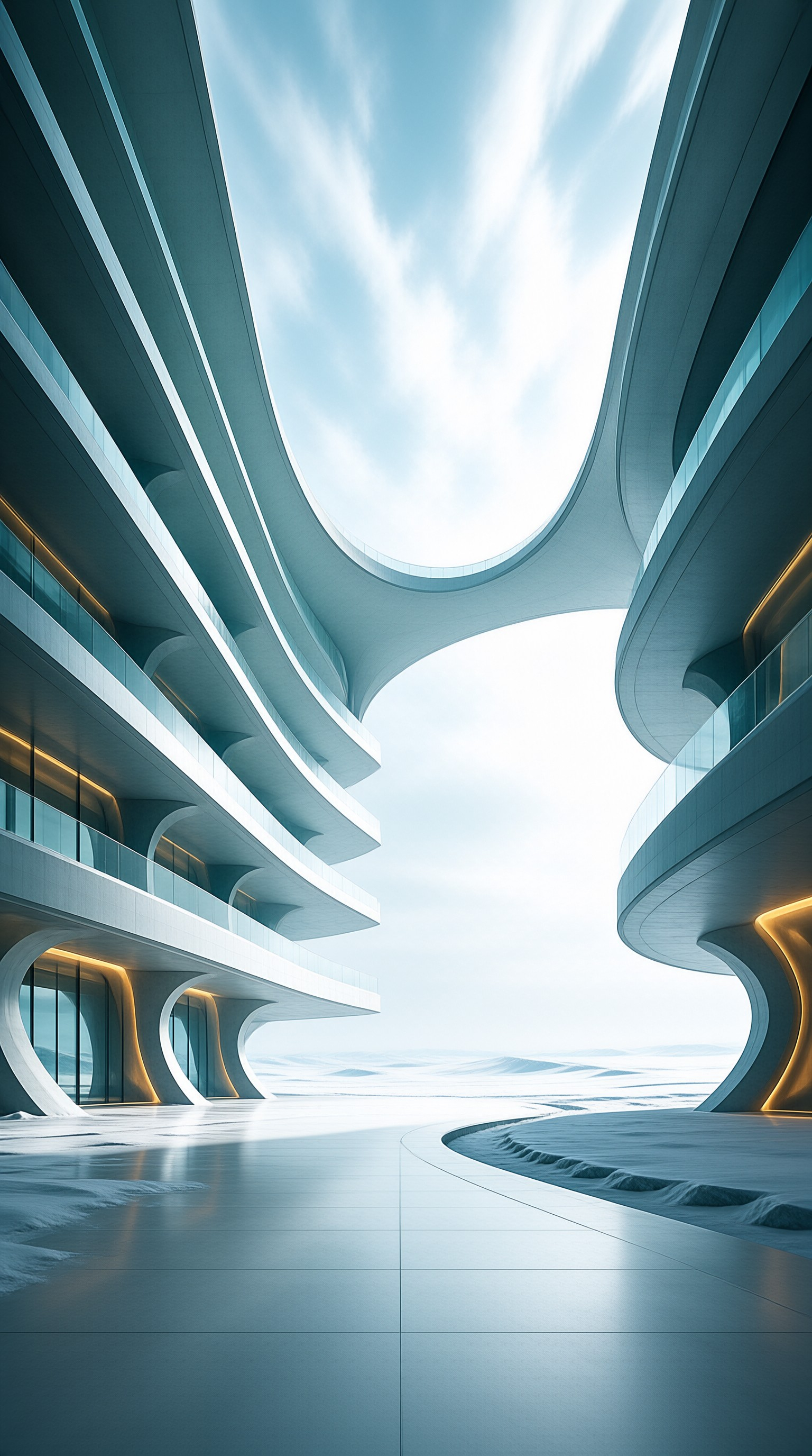 A futuristic white architectural structure featuring smooth curved balconies stands prominently against a pale blue sky with wispy clouds while warm yellow lighting illuminates the recessed areas and the foreground shows a smooth reflective surface leading towards distant dunes under bright daylight.