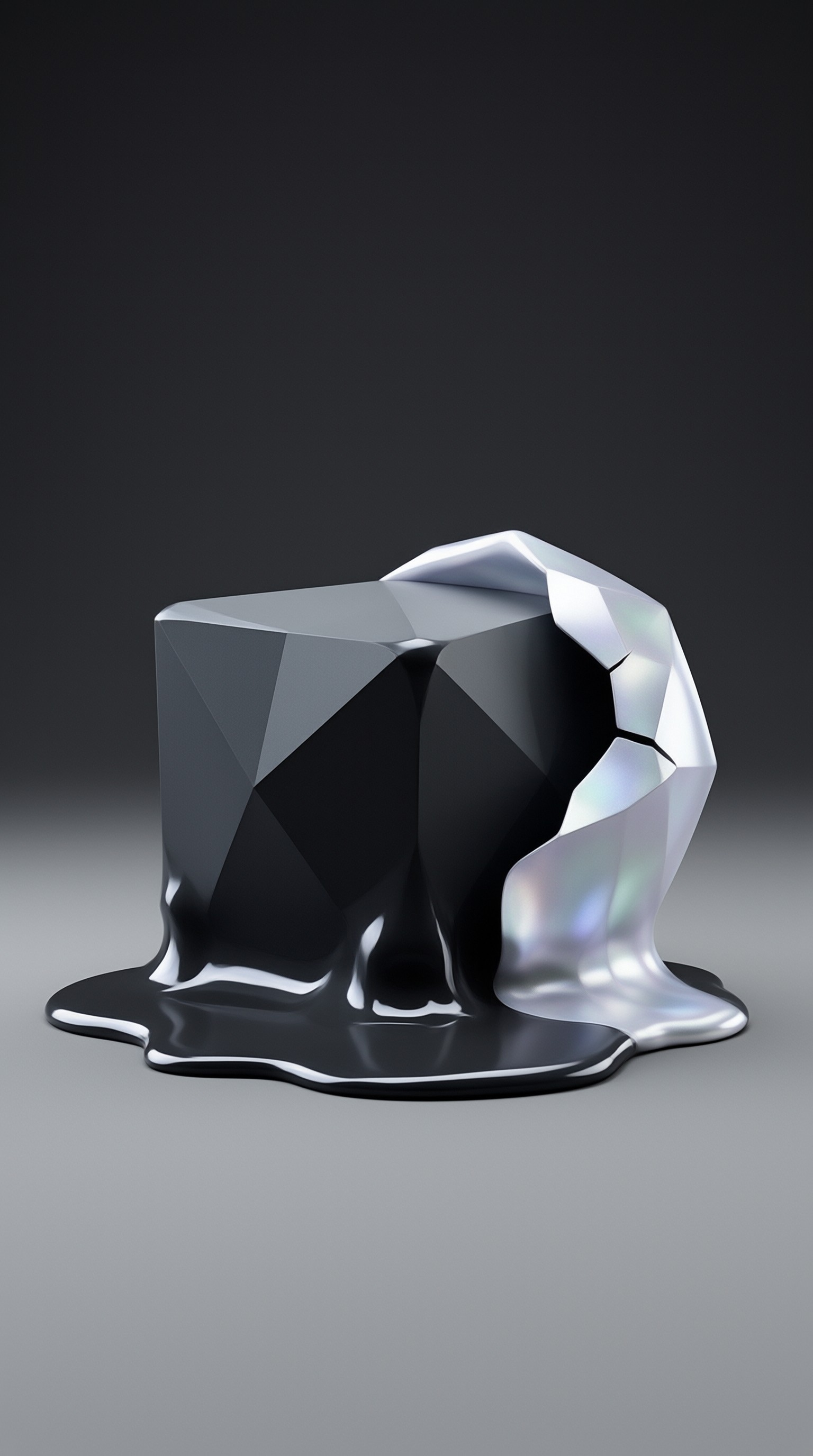A low-poly dark sculpture drips into a glossy black puddle, its right flank polished to a rainbow silver sheen.