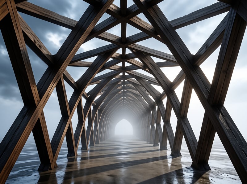 Dark wooden beams intersect to form a long corridor structure standing in reflective water, with strong lines converging toward a brilliant white opening at the distant center under a cloudy sky.