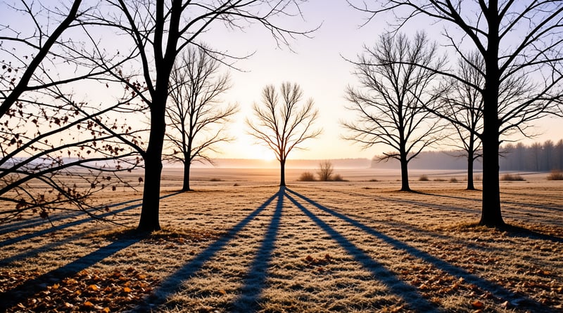 Leafless trees stand in a frosted field with the sun low on the horizon casting long dark shadows across the grass.