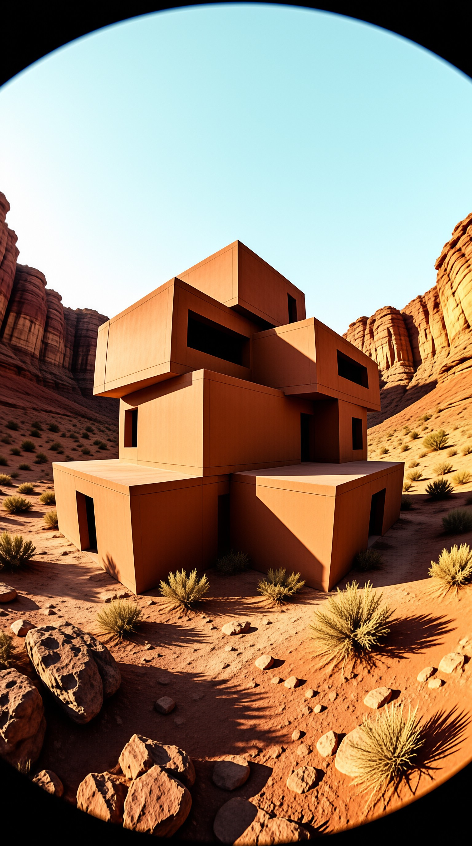 Terracotta cubic modules stack into a sculptural building set amid desert boulders and canyon walls.