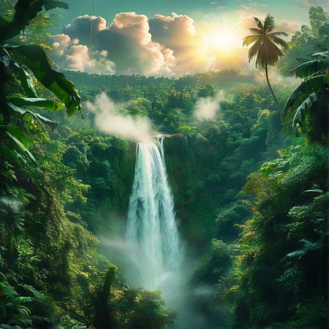 Sunlit Jungle Waterfall