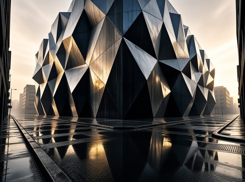 An angular chrome building covered in triangular facets reflects warm light above a wet empty plaza