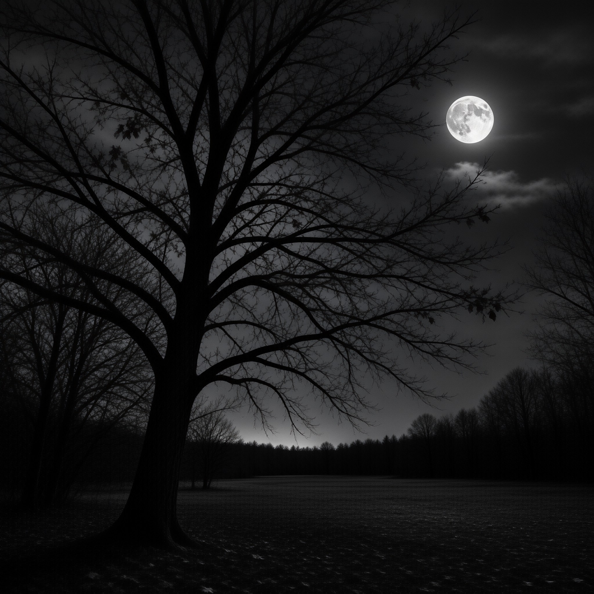 A massive leafless tree silhouette stretches toward a bright full moon hanging above a quiet snowy meadow.