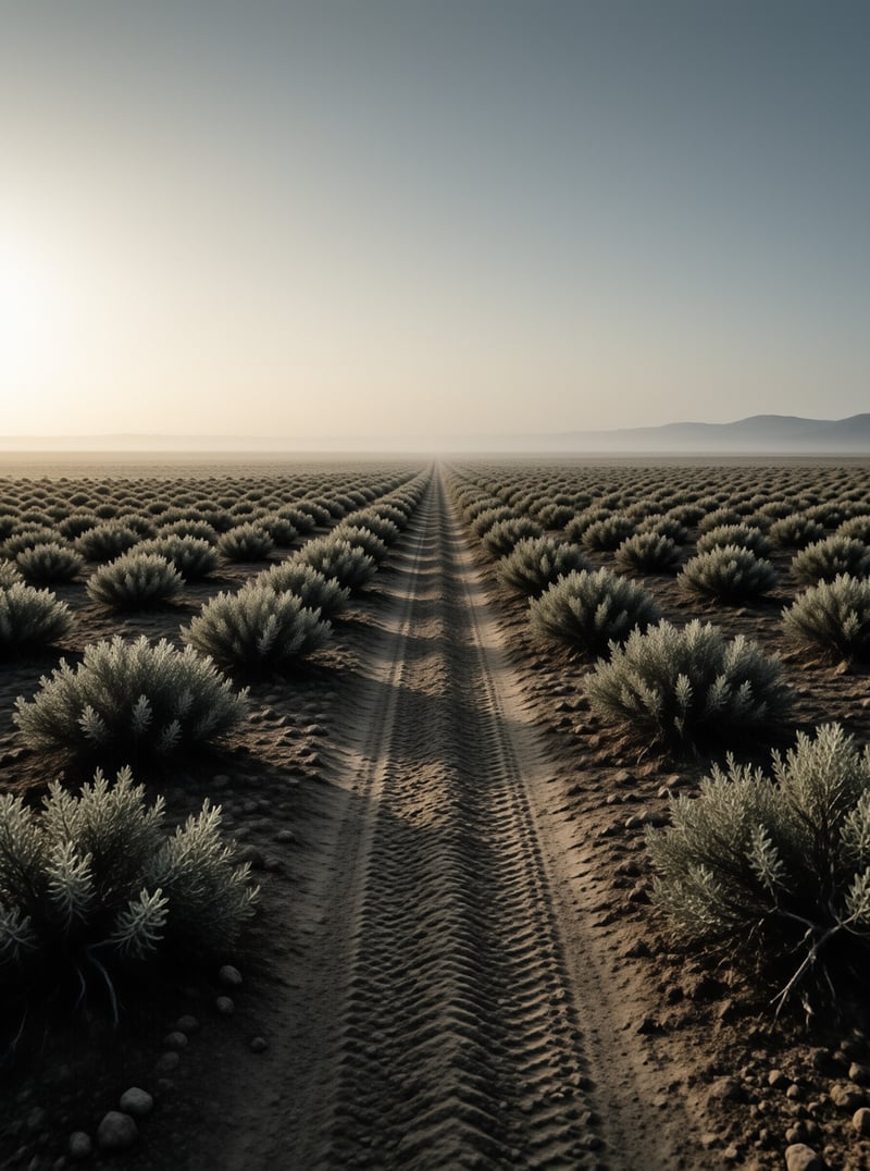 Deep tire tracks cut through endless rows of silver shrubs in a hazy desert plain during the golden hour.