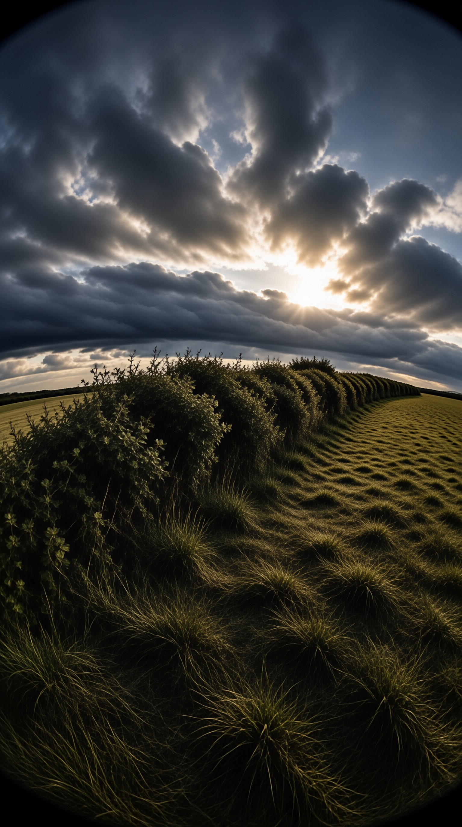A curved hedge and tussocky grass stretch beneath heavy clouds as sunlight bursts through the gap