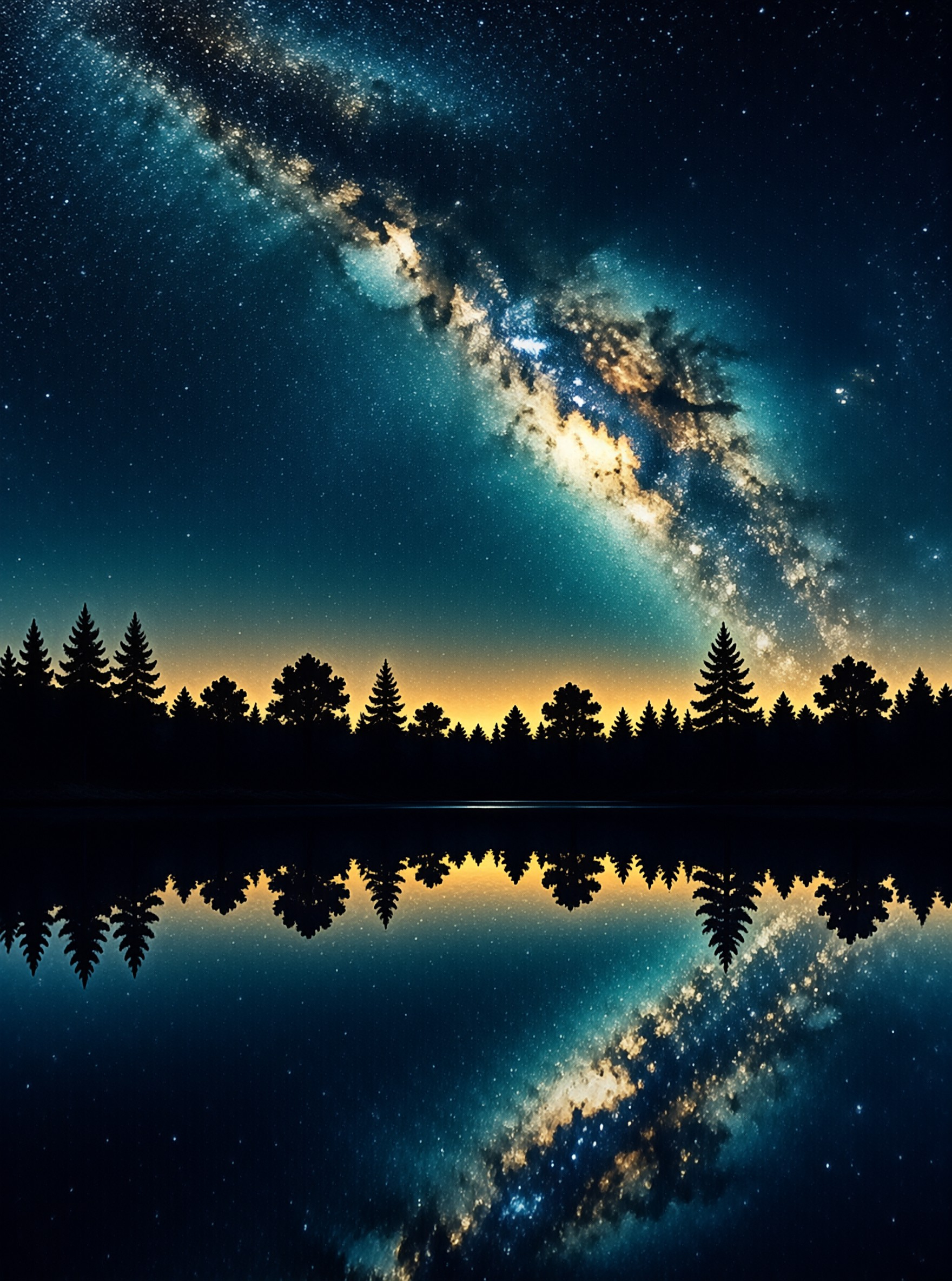 The Milky Way arcs across a starry night sky above silhouetted pines mirrored in a still lake.