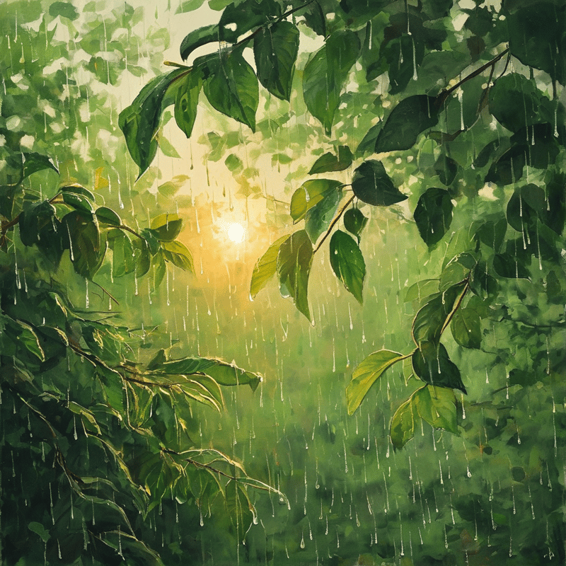 Impressionistic painting of fresh foliage with sunlight glowing through the canopy as rain streaks down between the leaves.