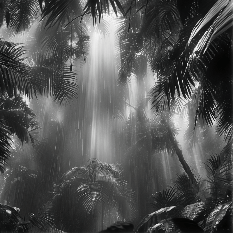 Monochromatic view of dense vegetation with bright shafts of light piercing through the misty canopy above.