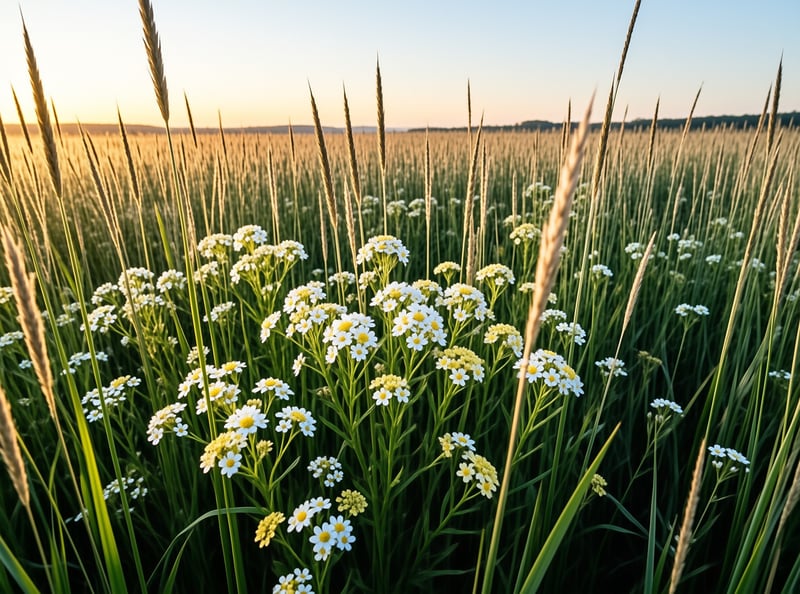 Clusters of small white blooms with yellow centers rise above long green and golden stalks during sunset.