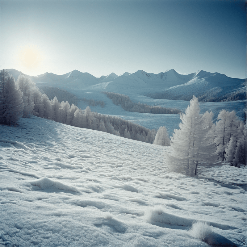 A frosted evergreen forest blankets a white mountainside under a low winter sun and distant pale peaks