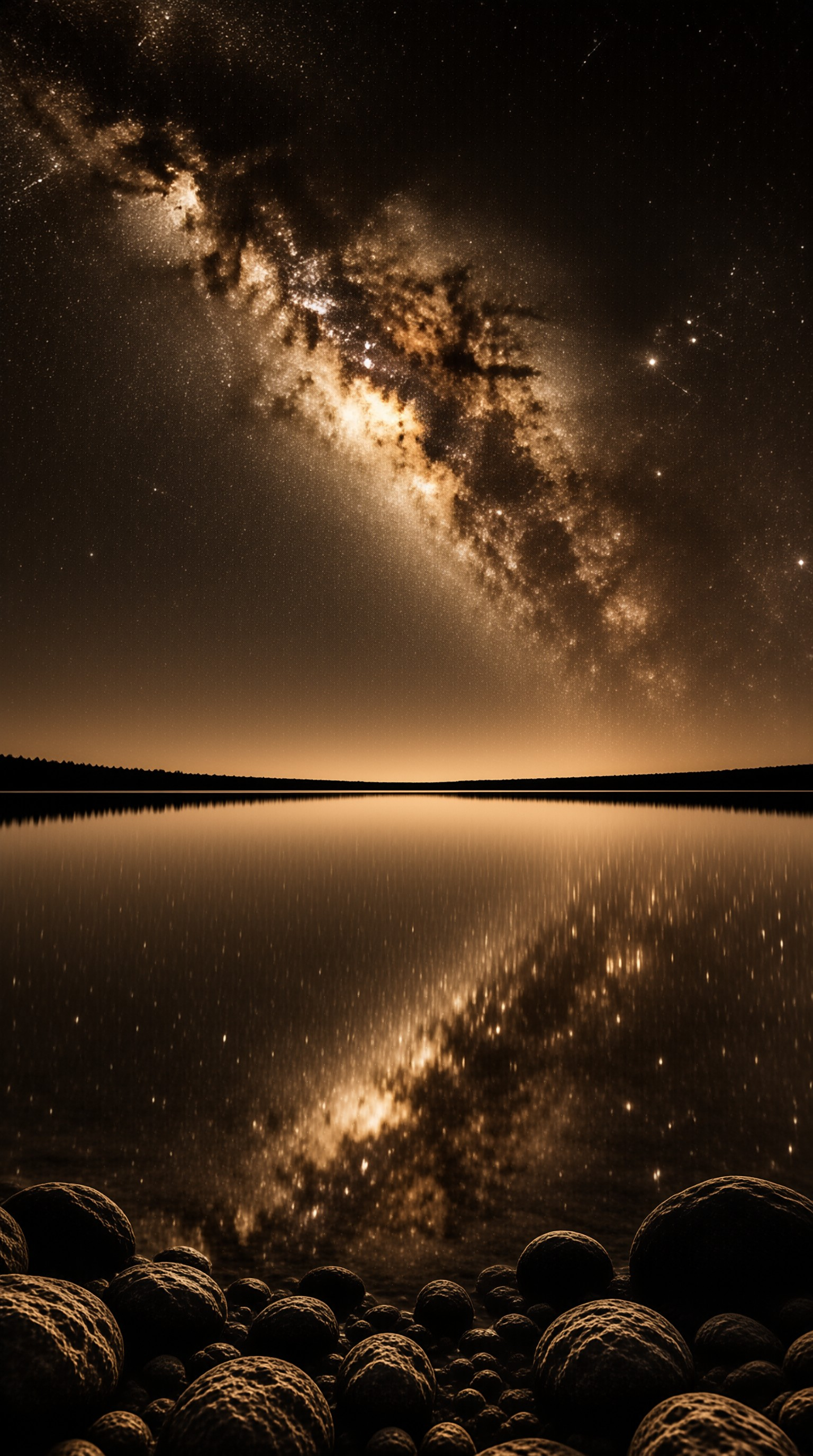 A sepia-toned view of the Milky Way galaxy arching over a calm lake with dark round stones in the foreground reflecting the light.