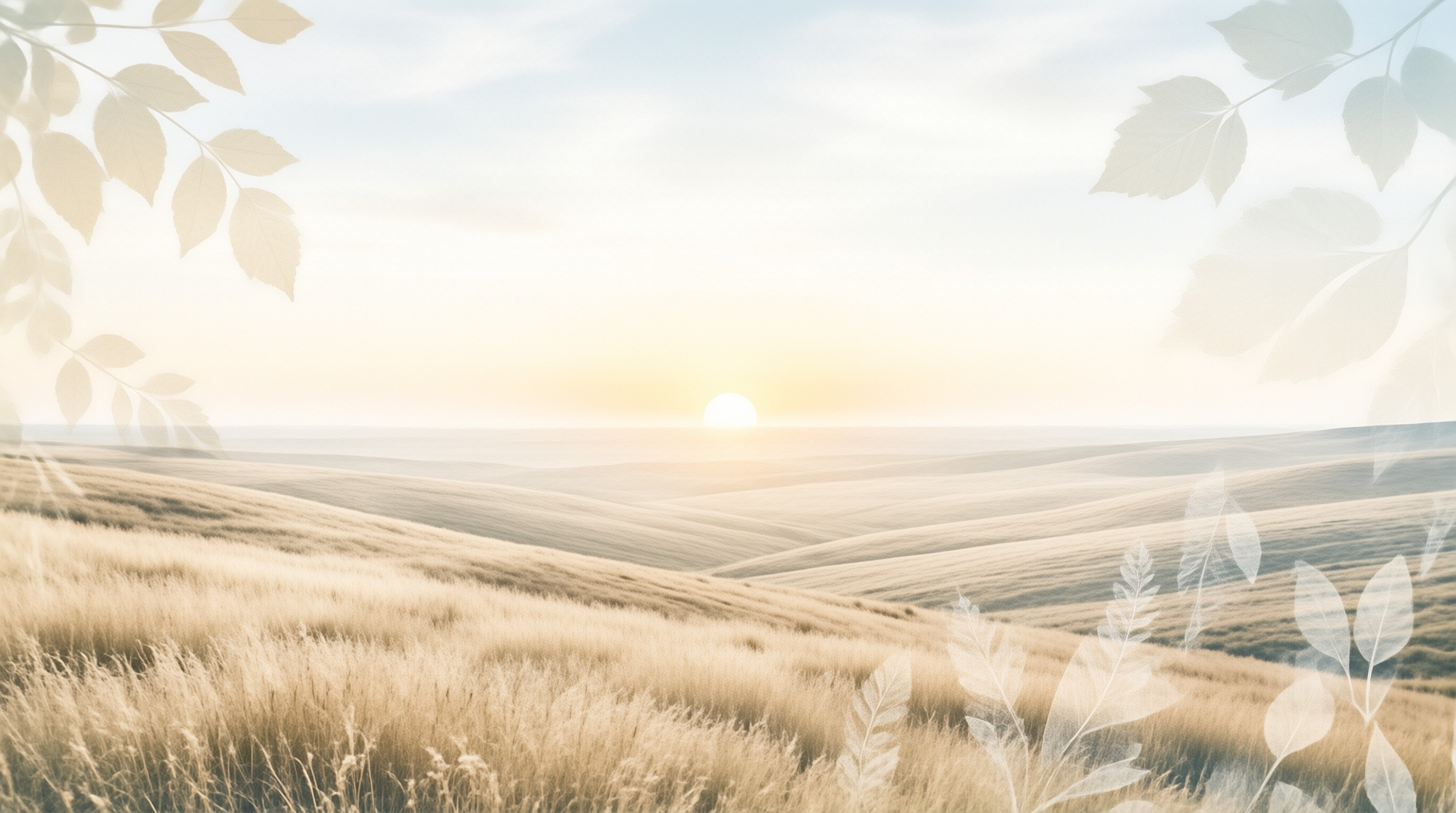 Pale golden grass covers undulating hills under a hazy rising sun, with leaf silhouettes bordering all four sides of the frame.