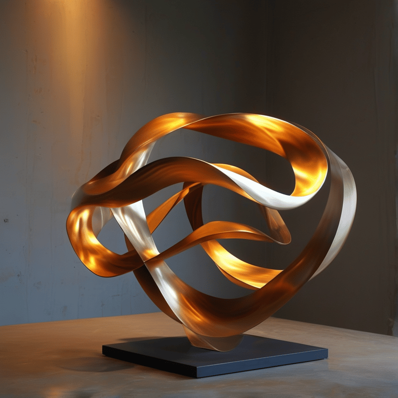 A polished bronze twisted band loops into an open knot atop a black plinth in a softly lit studio.