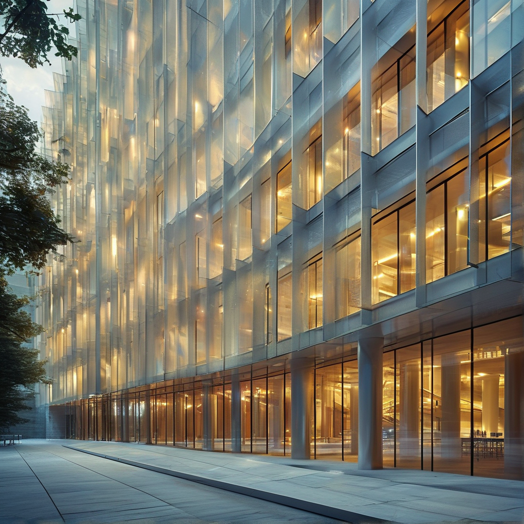 A modern glass building facade glows with warm interior lights during the evening.