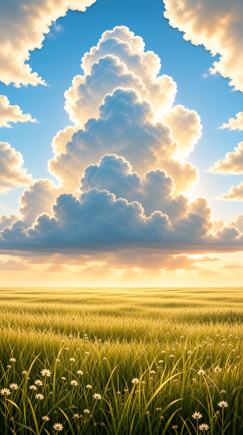 A towering cloud formation looms over a wide green meadow filled with small white flowers bathed in warm sunlight.