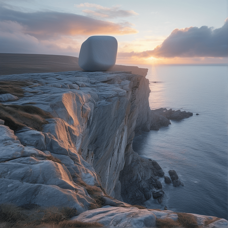 A smooth white rock sits atop a jagged seaside promontory while the sun dips below the ocean horizon casting warm light.