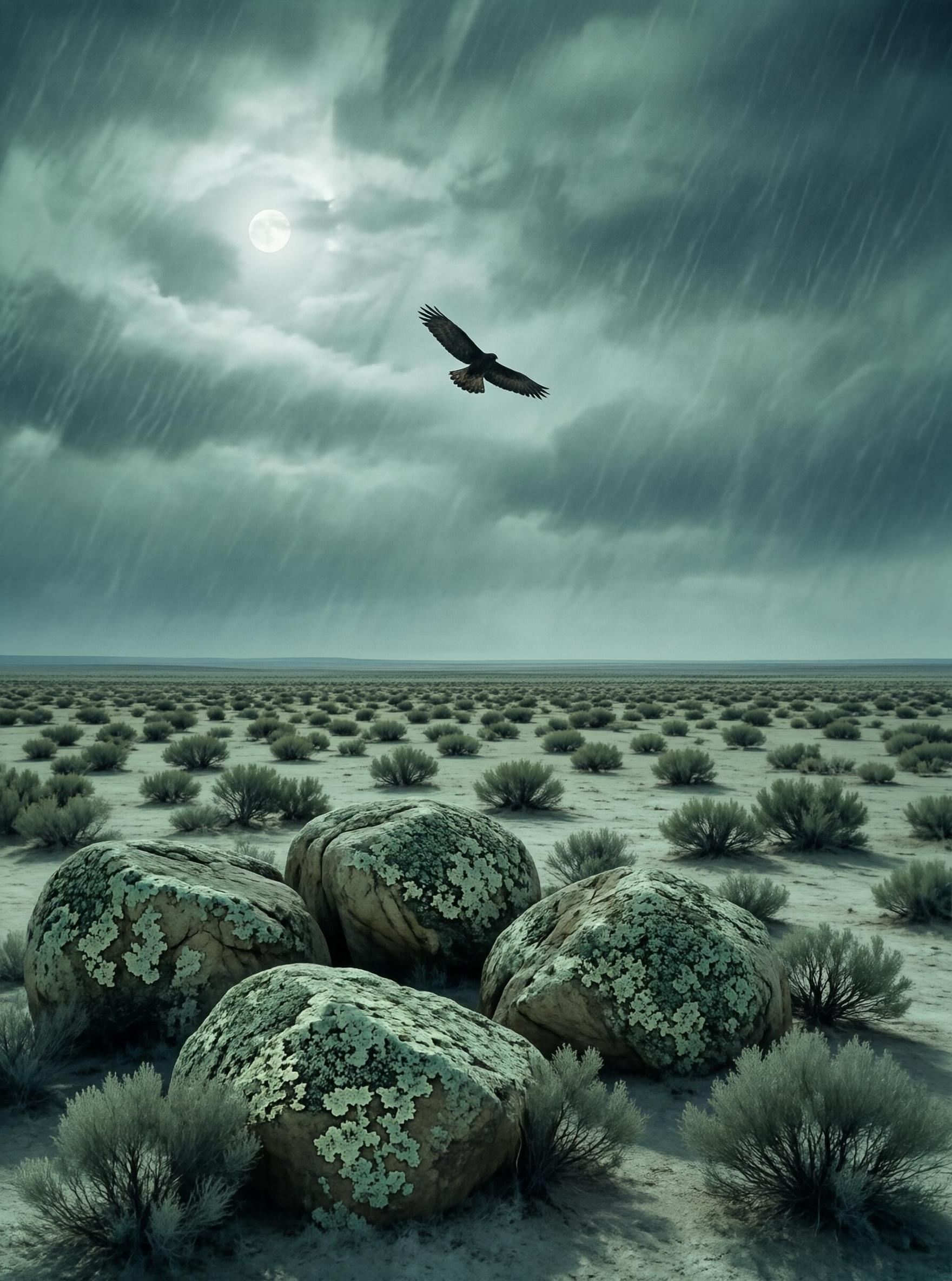 Large boulders covered in green lichen sit in a vast desert under a cloudy sky with a full moon and a bird soaring above
