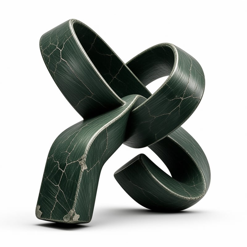 A weathered dark green bench shaped like a twisted coiled ribbon rests on a plain bright white studio surface, with visible chipped corners and gold veined cracks running across its surface.