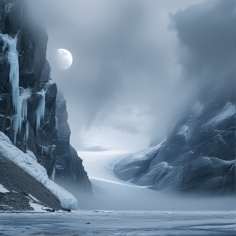 A vast frozen landscape features towering rock cliffs covered in long icicles on the left side while a bright full moon shines through heavy clouds above a winding glacier filling the valley below.