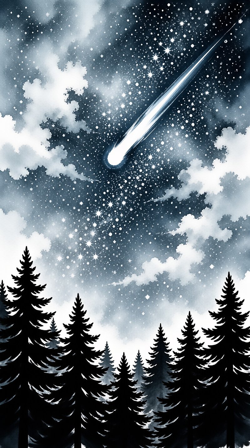 A bright meteor trails through a cloudy night sky filled with stars above dark pine tree silhouettes.