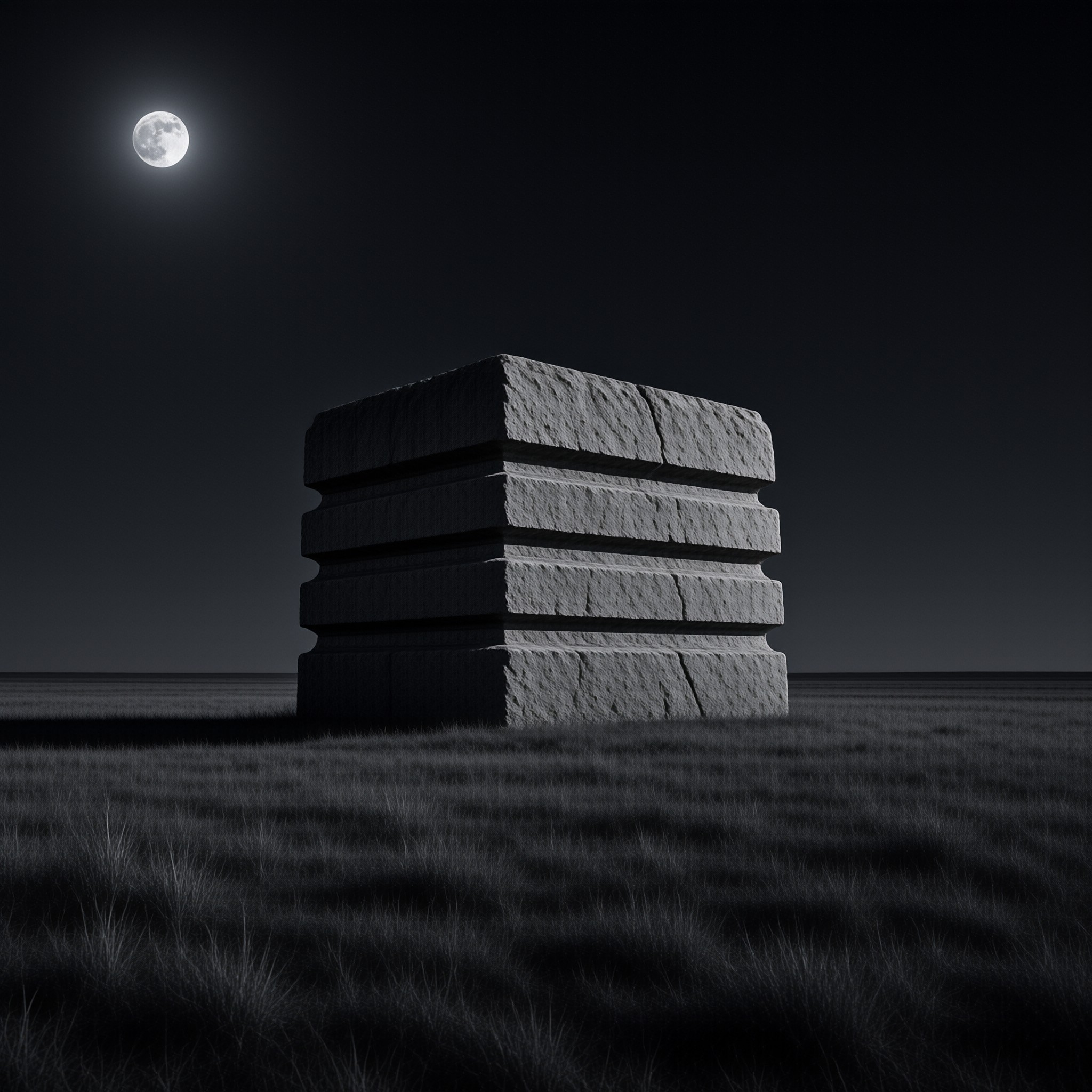 Four large rectangular stone blocks are stacked vertically in a dark field beneath a bright full moon.